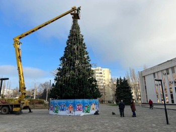 Новости » Общество: У ДК «Корабел» в Керчи наряжают елку